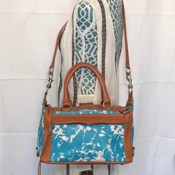 Rebecca Minkoff Brand Tan Leather Turquoise White Canvas